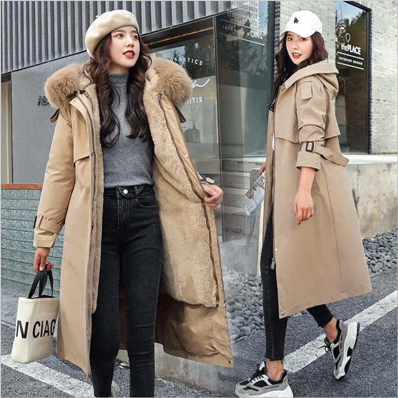 Women\'s Winter Jacket Hooded X-Long Thick Warm Cotton Padded Parkas Woman Wool Liner Distachable Plus Size Jackets Coat