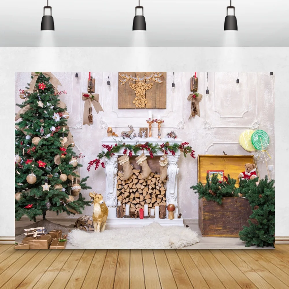 Laeacco Luxury Decor Merry ChristmasเทศกาลเตาผิงTreeของขวัญChic Wallภาพเด็กทารกถ่ายภาพพื้นหลังฉากหลัง