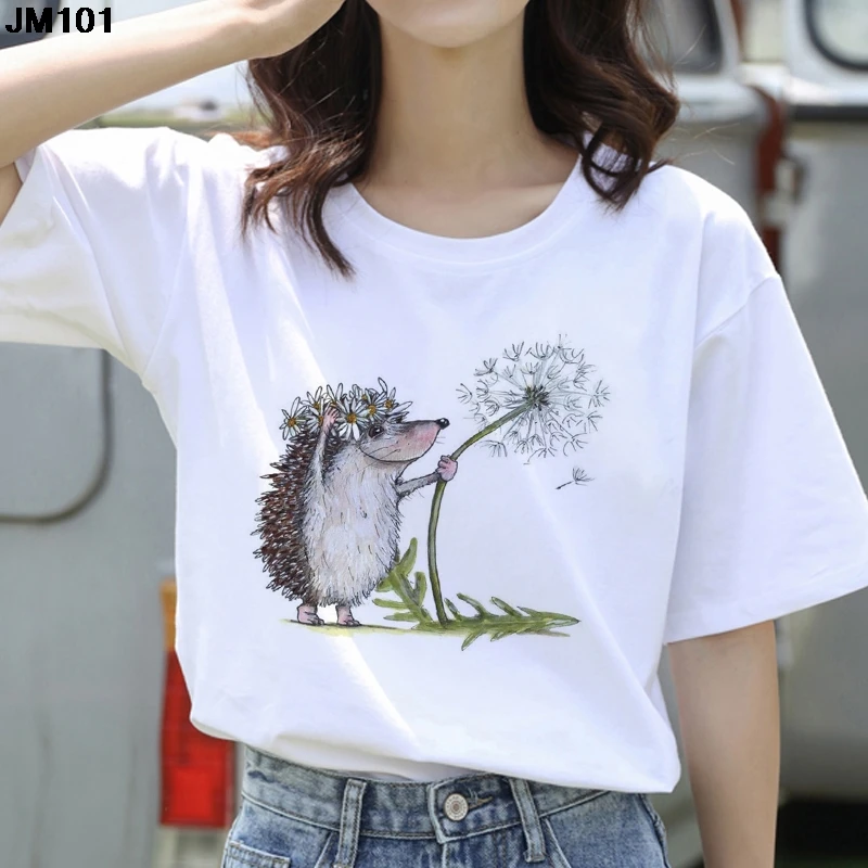 

New Harajuku Women T Shirt Female Hedgehog With Dandelion Print Loose Tshirt Spring 2022 Summer Top Easy Matching O-Neck T-shirt