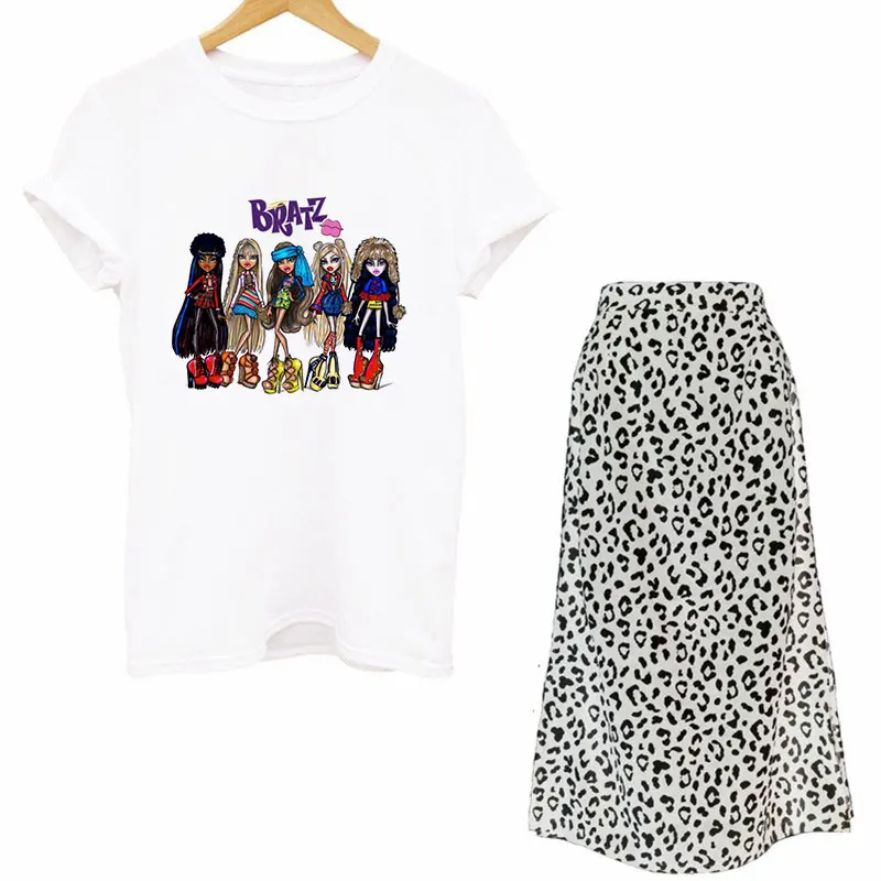 Women Two Piece Set Street Goth Bratz T Shirts And Sexy Leopard Wrap Skirt Set Summer Short Sleeve Casual Skirt Outfit For Women