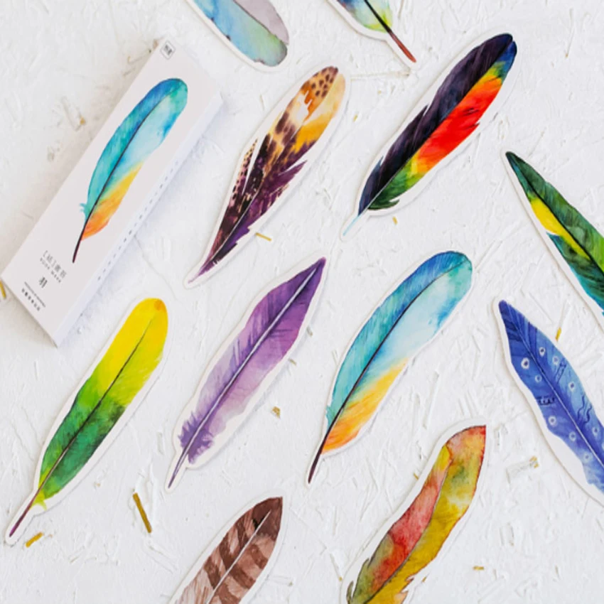 30Pcs/lot Lovely Colorful Feather Paper Creative Bookmark Birds In Memory Paper Card Bookmark Film Bookmark Gift Stationery