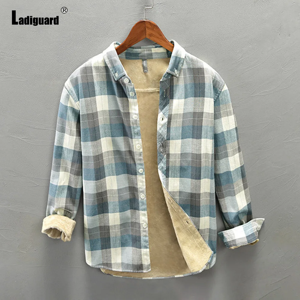 Ladiguard Plus Size Men Fashion Thick Plush Shirts blusas 2022 Winter Velvet Blouse Lepal Collar Model Plaid Tops Male Outerwear