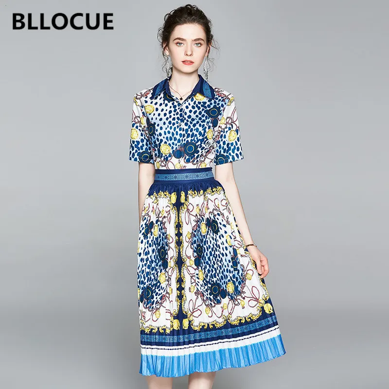 

BLLOCUE Women Elegant Dot Leopard Printed Short Sleeve Shirt Dress Vintage Knee Length High Waist Casual Pleated Dress Vestidos