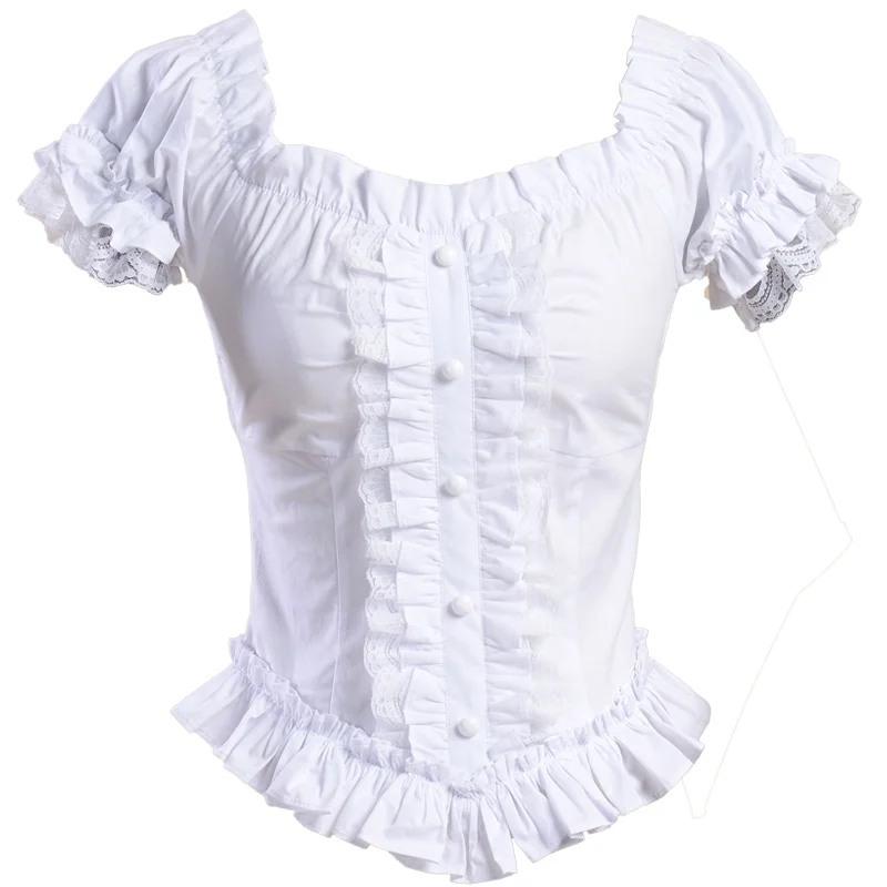 Chemises courtes gothiques vintage pour femmes, chemise victorienne blanche, chemise en coton bandage en dentelle plissée en Y, chemisier Lolita