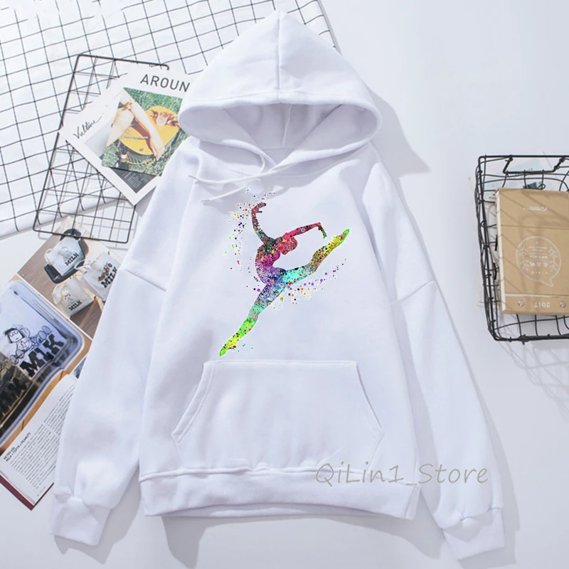 Watercolor Gymnastics Girl Design Harajuku Kawaii Hoodie Hat Sweatshirt 90s Tumblr Clothes Women Sports Gymnast Print Hoodies