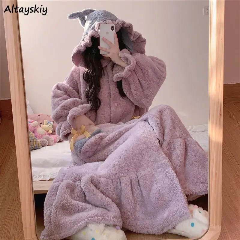 Robes Women Hooded Winter Korean Homestyle Students College Lovely Female Full Sleeve Comfortable All-match Coral Fleece Fashion