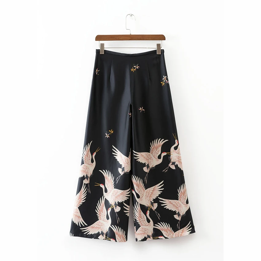 Loose Style Japanese Harajuku Women Wide Leg Cropped Trousers Crane Print Female Elastic Autumn Oriental Chinese Pants