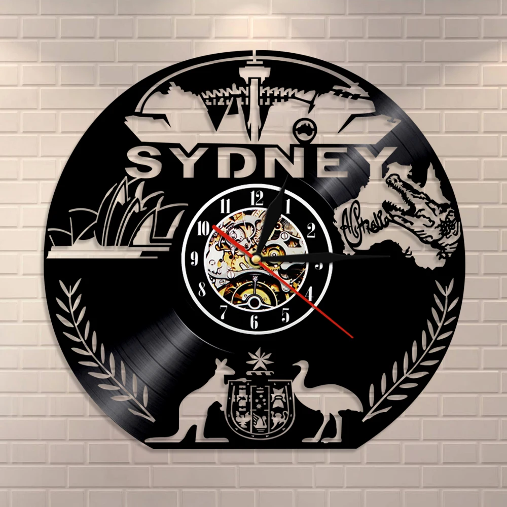 Sydeney Cityscape Wall Clock Australia Sydeney Skyline Vinyl Record 3D Hanging Silent Watches Clock Modern Design Travel Gifts