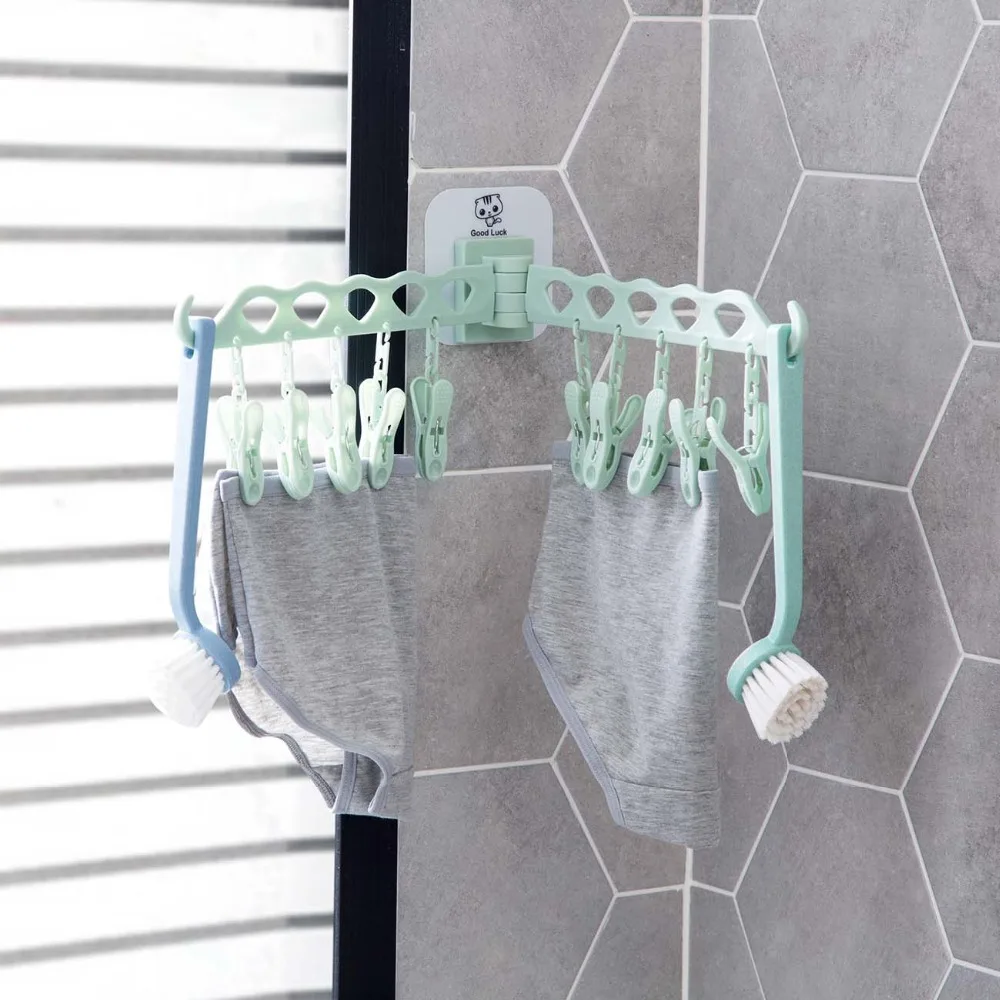 Bathroom 10 Clips Foldable Clothes Rack Hanger Laundry Folding Wall Underware Clothespin Mount Drying  Holder for Bra Socks