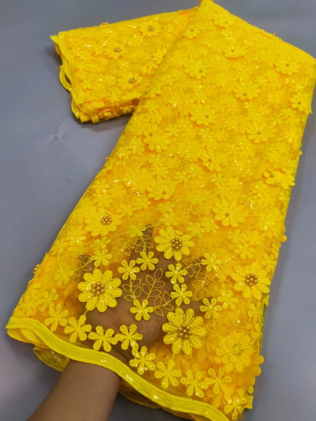 

(5yards/pc) Beautiful 3D embroidered African mesh lace yellow French net lace fabric with beads for party dress FLO010