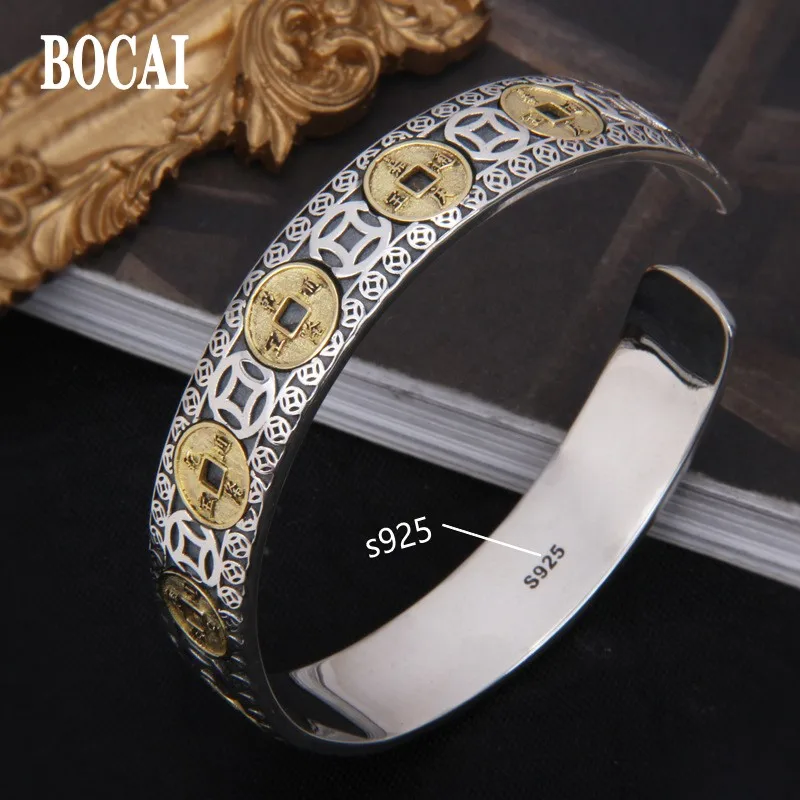 

BOCAI New 2021 Trendy 100% Pure s925 Silver Jewelry Five Emperors Copper Coins Good Luck Men and Women Bracelets Couples Gifts