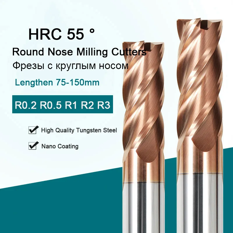 Tungsten Lengthen Carbide Corner rounding End Mills CNC Milling Cutter 4 Flutes CNC Tools Round Nose Router Bit R0.2 R0.5 HRC55