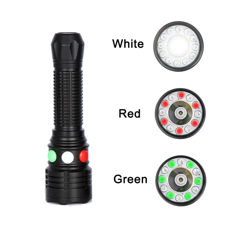 2020 New 3 Color Signal Flashlight Powerful 300 LM LED Red/Green/White Light Torch With Magnet Base 18650 Lantern For Camping