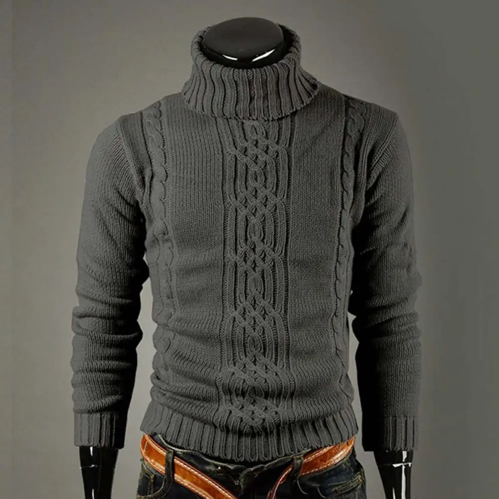 

Men Slim Turtleneck Long Sleeve Casual Sweater Ribbed Cuffs Leisure High-necked Solid Color Warm Knitted Tops Daily Wear 2021Hot