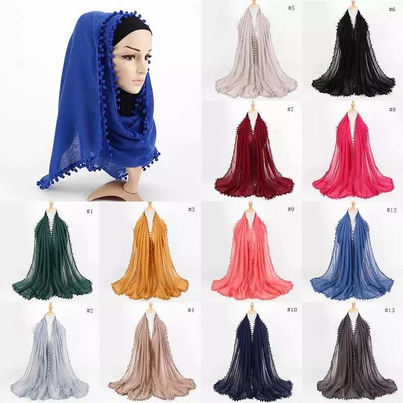 Pañuelo musulmán para la cabeza para mujer, Hijab con bolas de Pompón, bufanda suave de algodón TR, turbante de Color sólido, bufandas islámicas para la cabeza