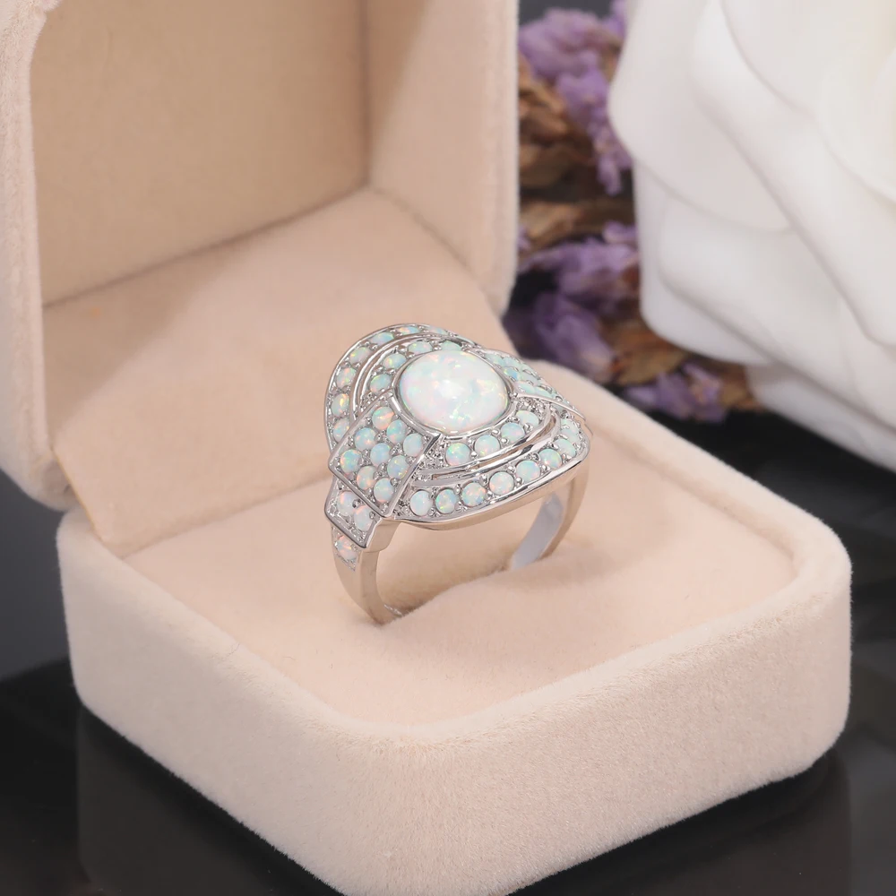 CiNily Blue & Pink & White Fire Opal Filled Finger Rings With Round Stone Silver Plated Luxury Large Cocktail Jewelry Gift Woman