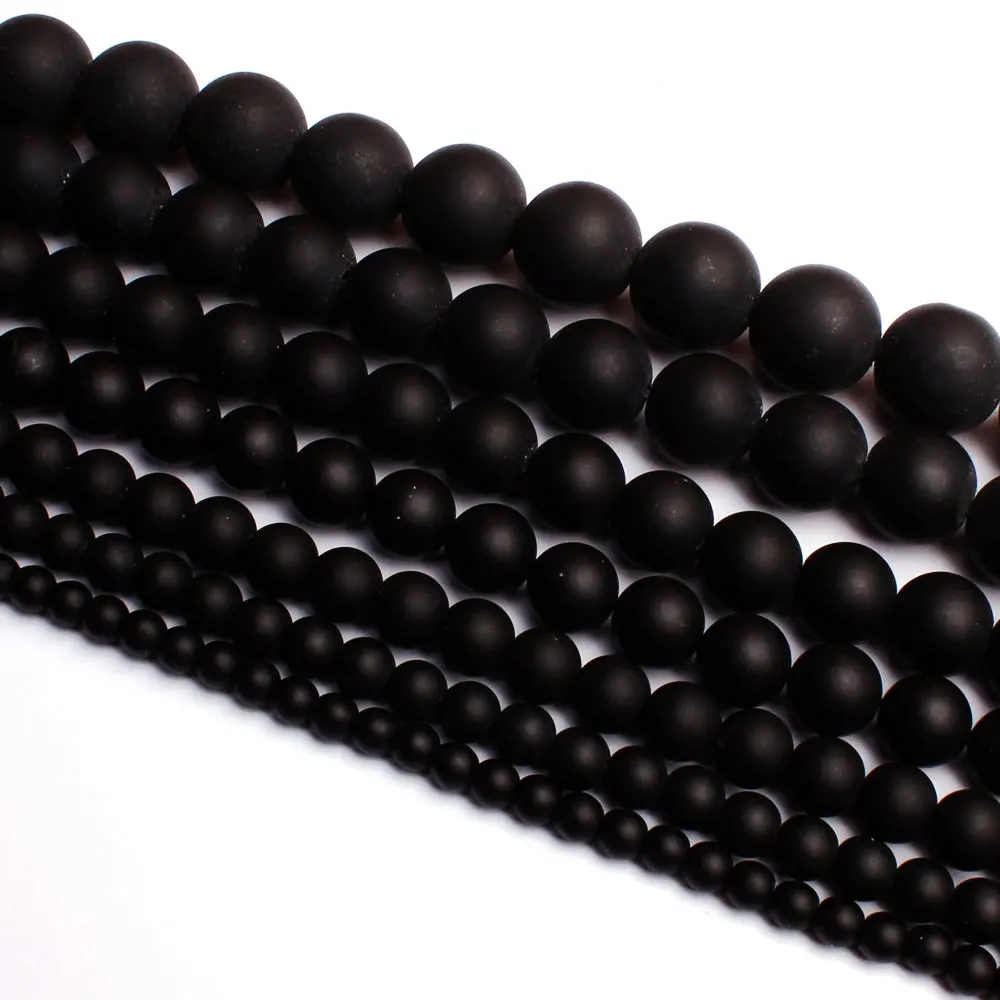 Round Natural Agates Frosted Black Bracelet Necklace Jewelry Beads 38cm 4, 6, 8, 10, 12, 14, 16, 18, 20mm wj55