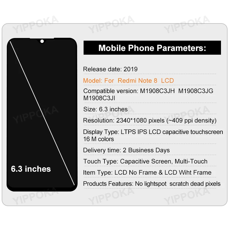 For Xiaomi Redmi Note 8 LCD Display Touch Screen Digitizer Assembly For Redmi Note 8 LCD M1908C3JG Display Parts