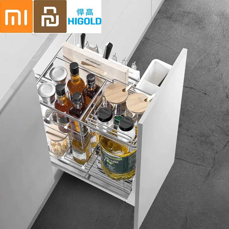 Higold Kitchen Cabinet Basket 304 Stainless Steel Large Oil Drum Seasoning Drawer Basket Damping Dish Drying Rack