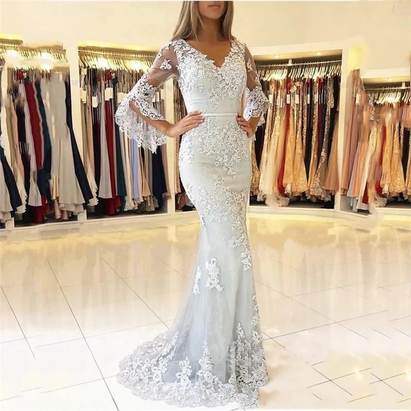 

Angelsbridep V-Neck Mermaid Evening Party Dresses Vestidos De Festa Fashion Puffly Sleeves Appliques Court Train Prom Dresses