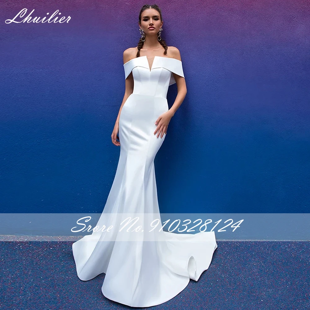 Lhuilier-vestidos de novia personalizados de satén con cuello Barco, vestido de novia largo hasta el suelo, hombros descubiertos, tren desmontable