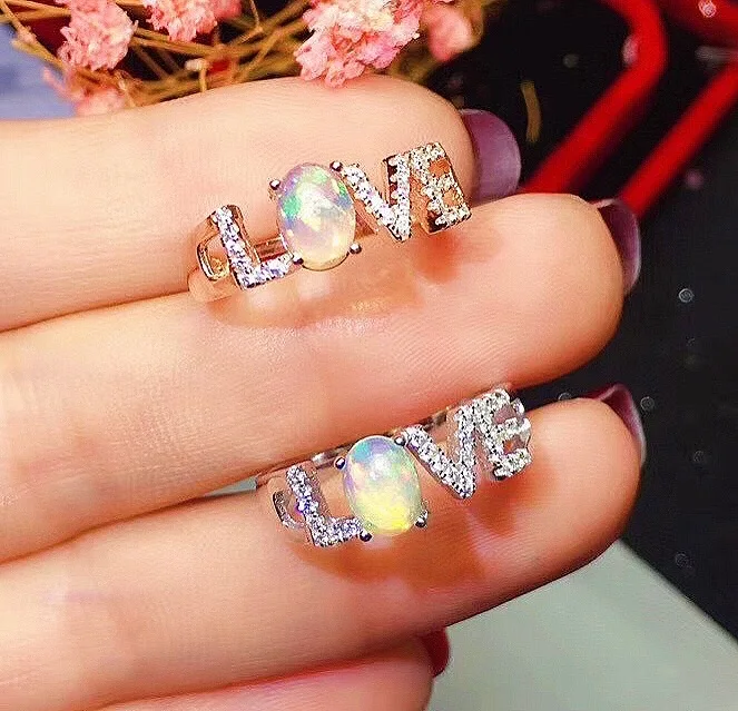 

Fashion Silver LOVE Ring for Girl 5mm*7mm Natural Opal Ring 925 Silver Opal Jewelry Silver Letter Ring Gift for Woman