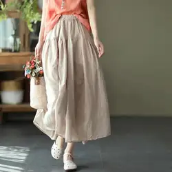 2023 Retro Double-Layer Loose Cotton Linen Skirt Ladies Fashion Big Skirt Spring Summer Solid Color Long Casual Skirts Female