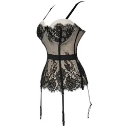 Straps Sexy Bowknot Padded Cup Bustier Breathable Erotic Lingerie Lace Boned Corset With Suspenders Nightwear For Women