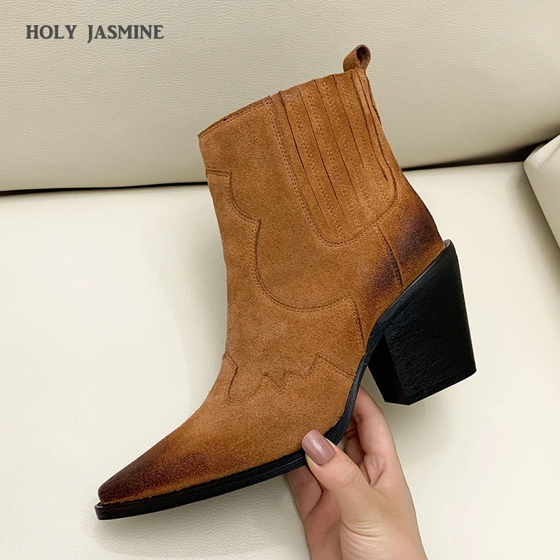 

Leather Boots Women Genuine Pointed Toe Mid Heel Ankle Boots Thick Square Heel Slip On Western Boots Cowboy Boots Women 2020 New