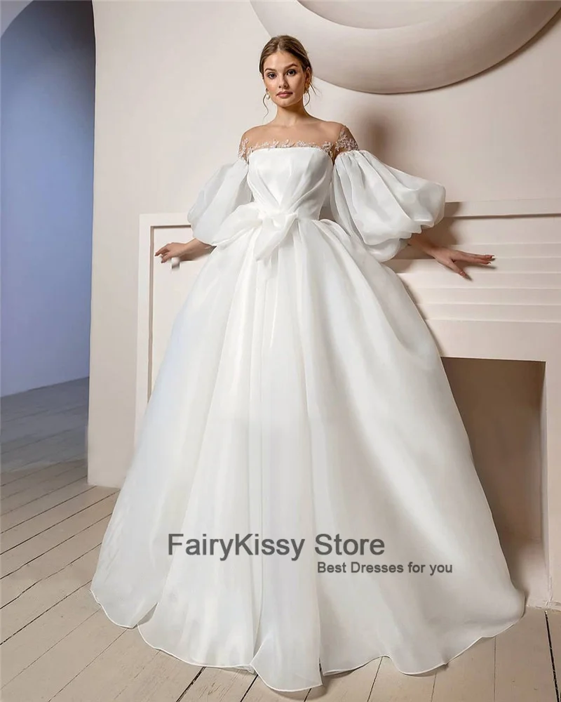 FairyKissy Chic Boho Wedding Dresses 2021 Long Puff Sleeve Wedding Gown Lace Bride Dress Plus Size Beach Corset Back Bow Mariage