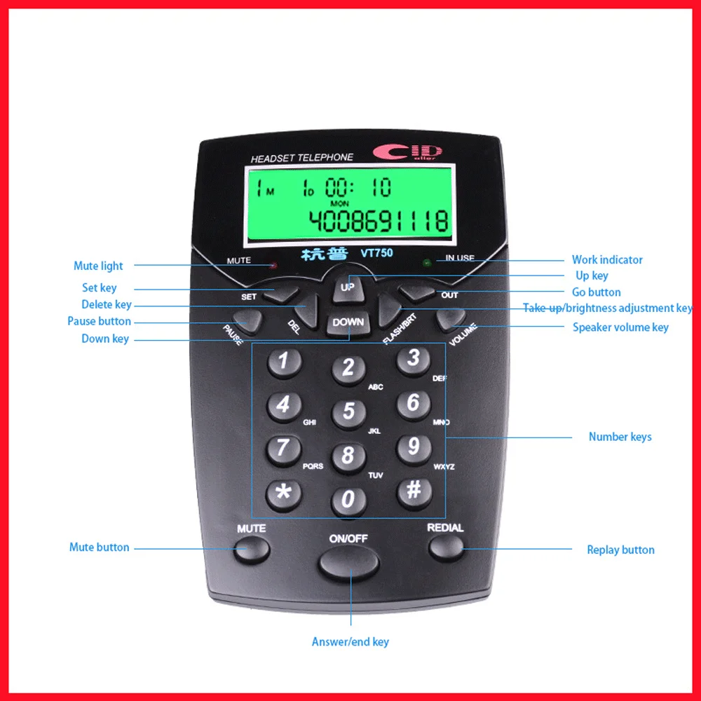 Corded Headset Telephone Call Center Dialpad Operator Dedicated Telephone Caller ID & Redial, Adjustable LCD Brightness & Volume
