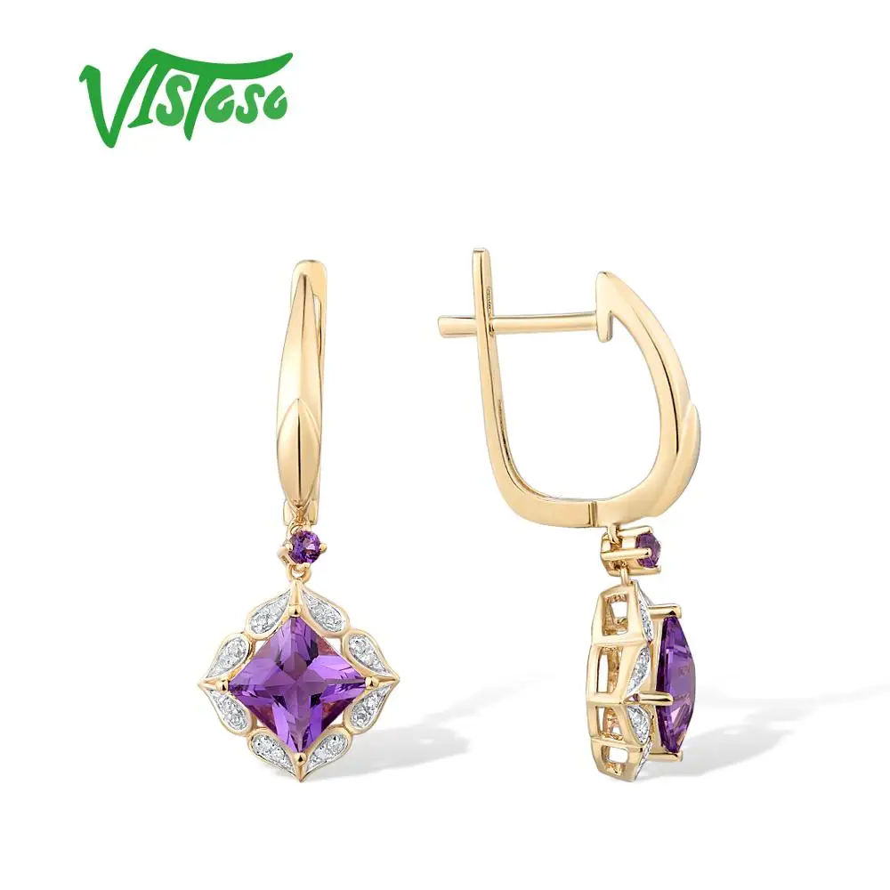 VISTOSO Gold Earrings For Women 14K 585 Yellow Gold Sparkling Diamond Fancy Amethyst Elegant Wedding Anniversary Fine Jewelry