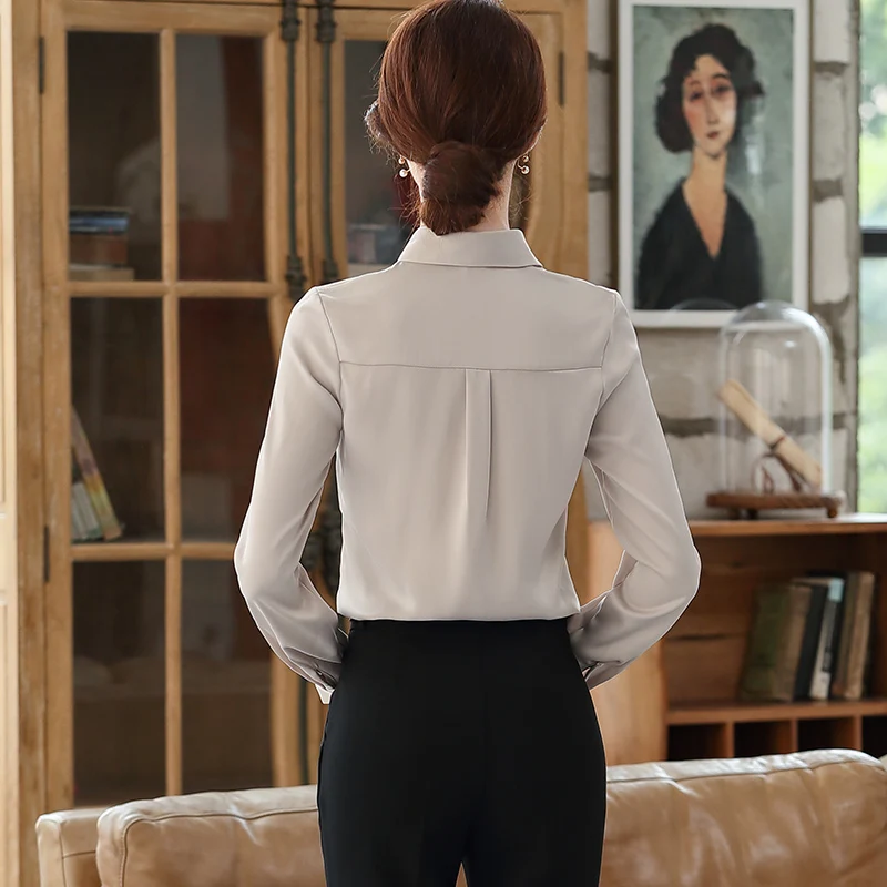 Lenshin Women Satin Fabric Shirts Elegant Turn down collar Blouse Work Wear Office Lady Female OL Tops Chemise Loose style