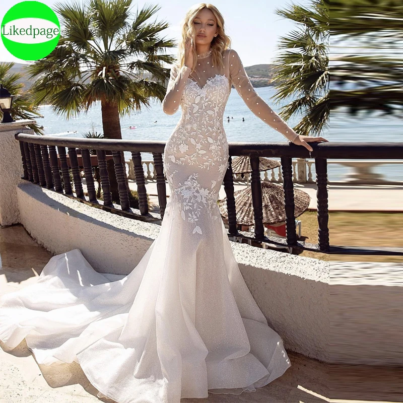 Vestido De Novia bohemio De sirena, traje Sexy De manga larga, Apliques De encaje, tren De barrido, Trouwjurk, 2021