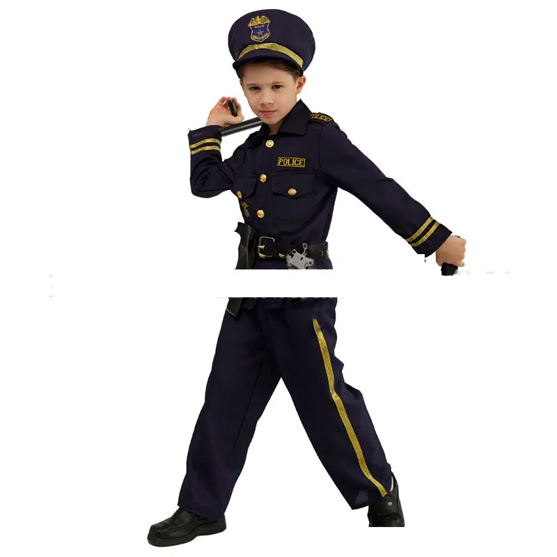 Boys Policeman Cosplay Halloween Costumes Performance Police Outfit Carnival Party Masquerade Kids Police Cloth Set Accessories