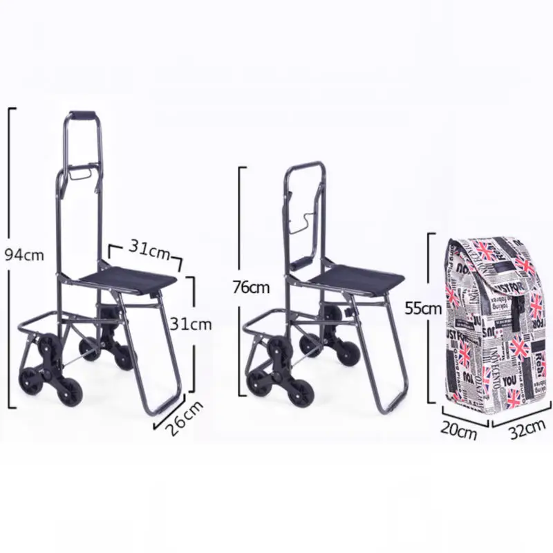 Climb Stairs Shopping Cart with Waterproof Bag And Chair Household Trolley With Seat, Steel Frame Shopping Cart Pull Rod Cart