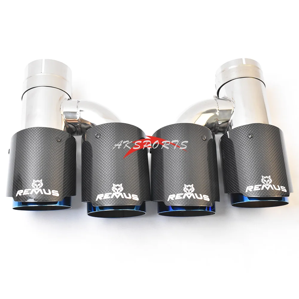 2PCS H Style Dual Glossy Carbon Fiber Stainless Steel Burnt Blue  Exhaust Pipe Universal Auto Tip Double Muffler Tip