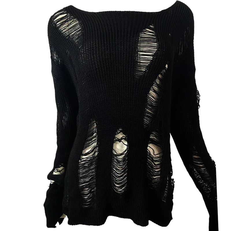 Women Dark Goth Split Hole Knit Sweaters Black Gothic Lady Hollow Out Cool Pullover Sweater Autumn Sexy See Through Pull Jumpers