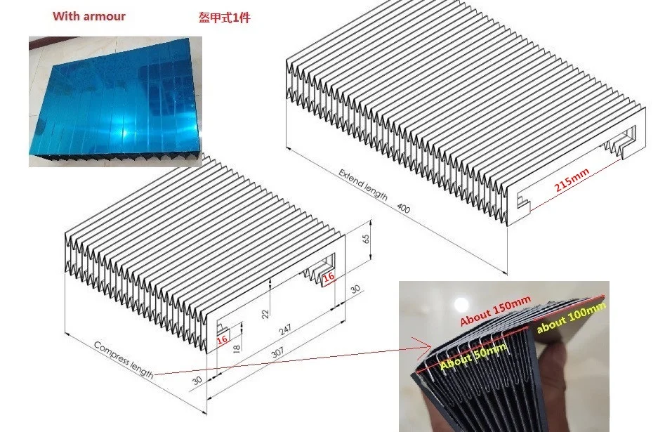 Vertical Armour bellows protective cover, Width 307 mm x Height 65 mm x Lmax 400 mm