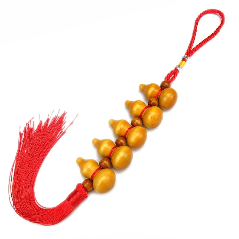 Feng Shui Ornament Traditional Chinese Peach Wood Wu Lou Hu Lu Gourd Tassel Hanging Charm Good Luck Home Decoration