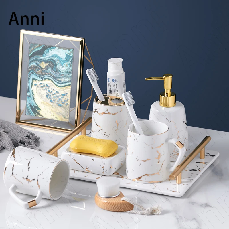 

Golden Marble Texture Bathroom Accessories Set Ceramic European Modern Household Restroom Five Piece Set Shower Accessories