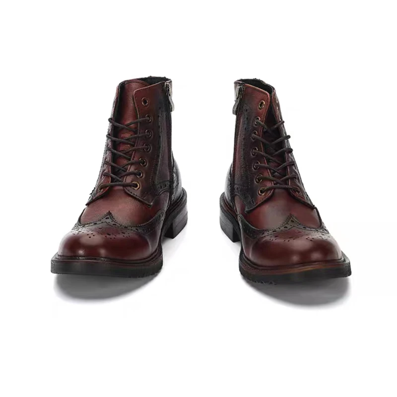 Yomior Top Vintage Old Handmade Men Brogue Boots Tooling Cow Leather Shoes British Zipper Ankle Boots Desert Motorcycle Boots