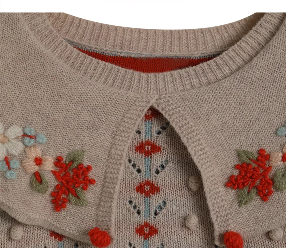 Original Design AIGYPTOS Autumn Winter Women Mori Girls Sweet Vintage Handmade Floral Embroidery Knitted Pullover Short Sweaters