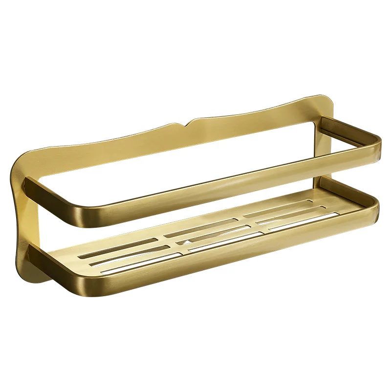 Brushed Gold Bathroom Shelf Aluninum Shower Shampoo Soap Cosmetic Kitchen Corner Holder Single Tier Bath Accessories Nail Free