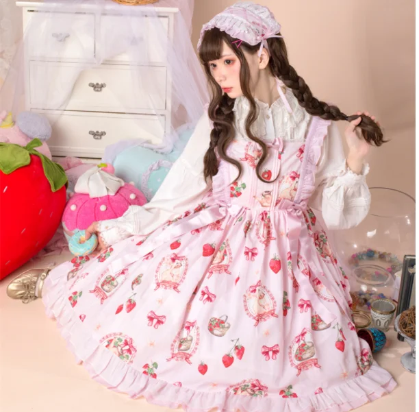 Japanese sweet lolita dress vintage falbala bowknot cute printing high waist victorian dress kawaii girl gotic lolita jsk loli