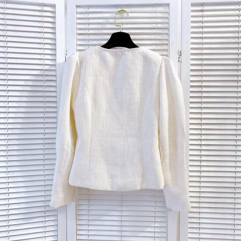 

Retro French White Jacket Women O Neck Single Breasted Slim Elegant Coat Autumn Long Sleeve Pearl Beaded Fashion Ladies Jackets