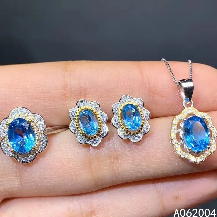 

KJJEAXCMY Fine Jewelry 925 sterling silver inlaid natural blue topaz female ring pendant earring set lovely supports test