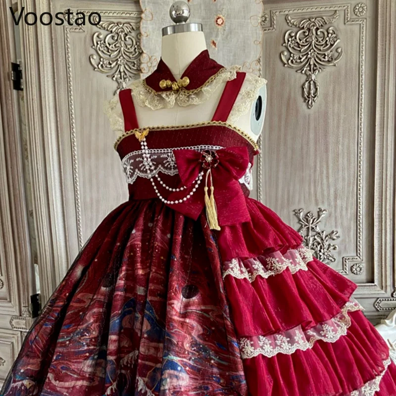 สไตล์จีน Vintage Lolita Jsk ชุดคอสเพลย์ผู้หญิง Elegant Lace Ruffles Bow Party ชุด Girly Hanfu Lolita ชุด