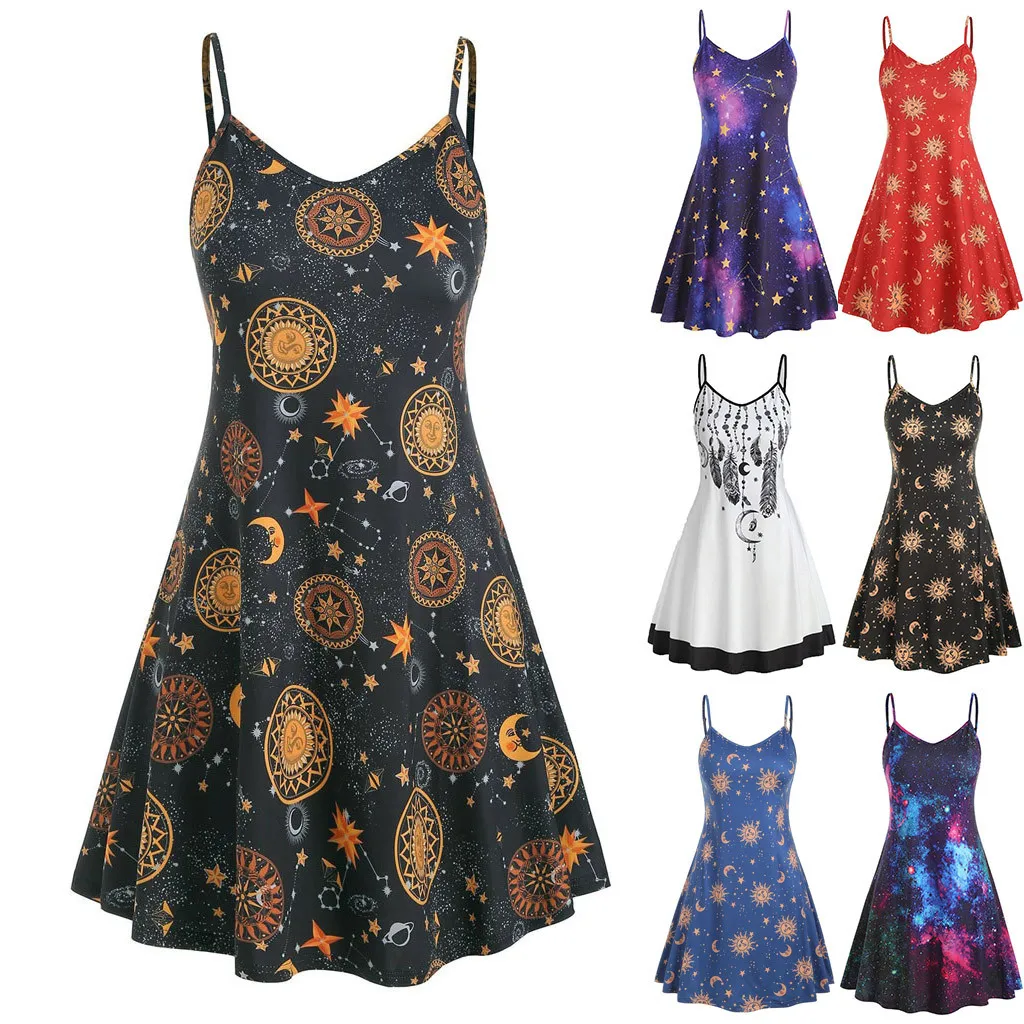 

#H40 Spaghetti Strap Mini Dress Sun And Moon Print Sleeveless Dress Women V Neck A-line Casual Holiday Beach Dresses