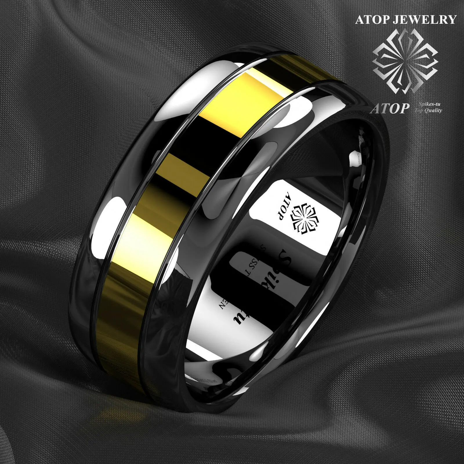 Luxury 8mm Black Men\'s Tungsten carbide Ring Gold center Wedding Band ring Free Shipping